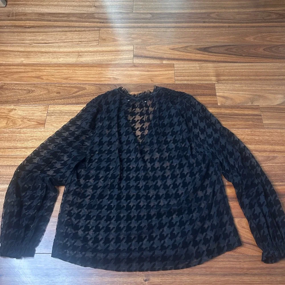 Zara Houndstooth Blouse Sheer Long Sleeve Top Black Semi-Formal‎ Medium